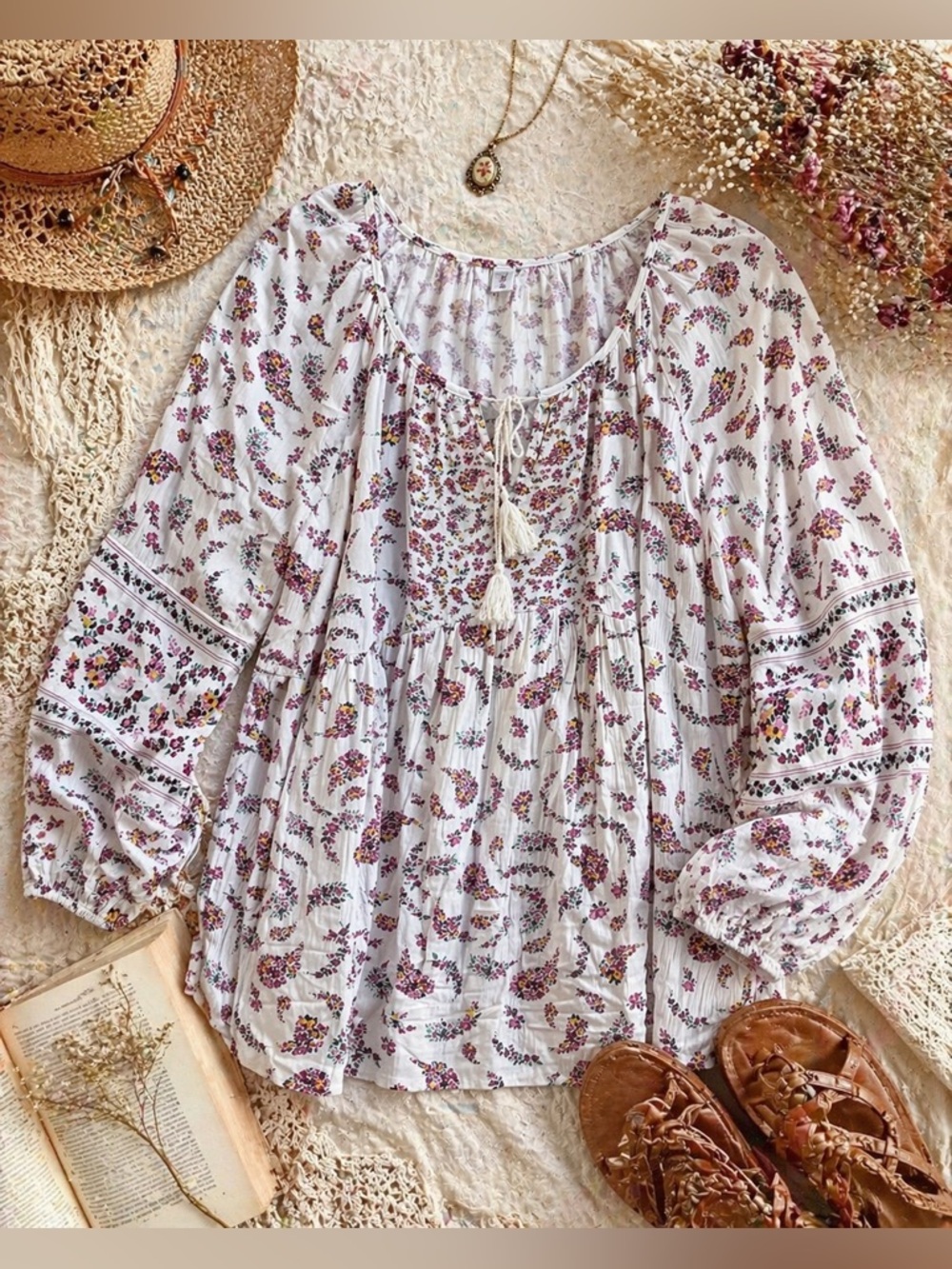 Boho Peasant Blouse XL Floral Tassel Cottagecore Festival Romantic Top - Picture 8 of 8